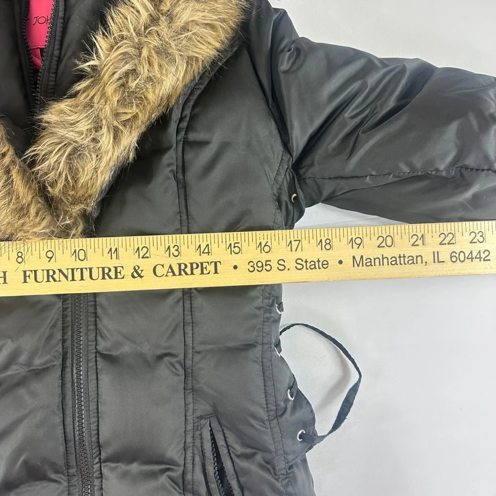 Betsey Johnson Youth Medium High Black Puffer Coat Faux Fur Hood Leopard‎ Lining
